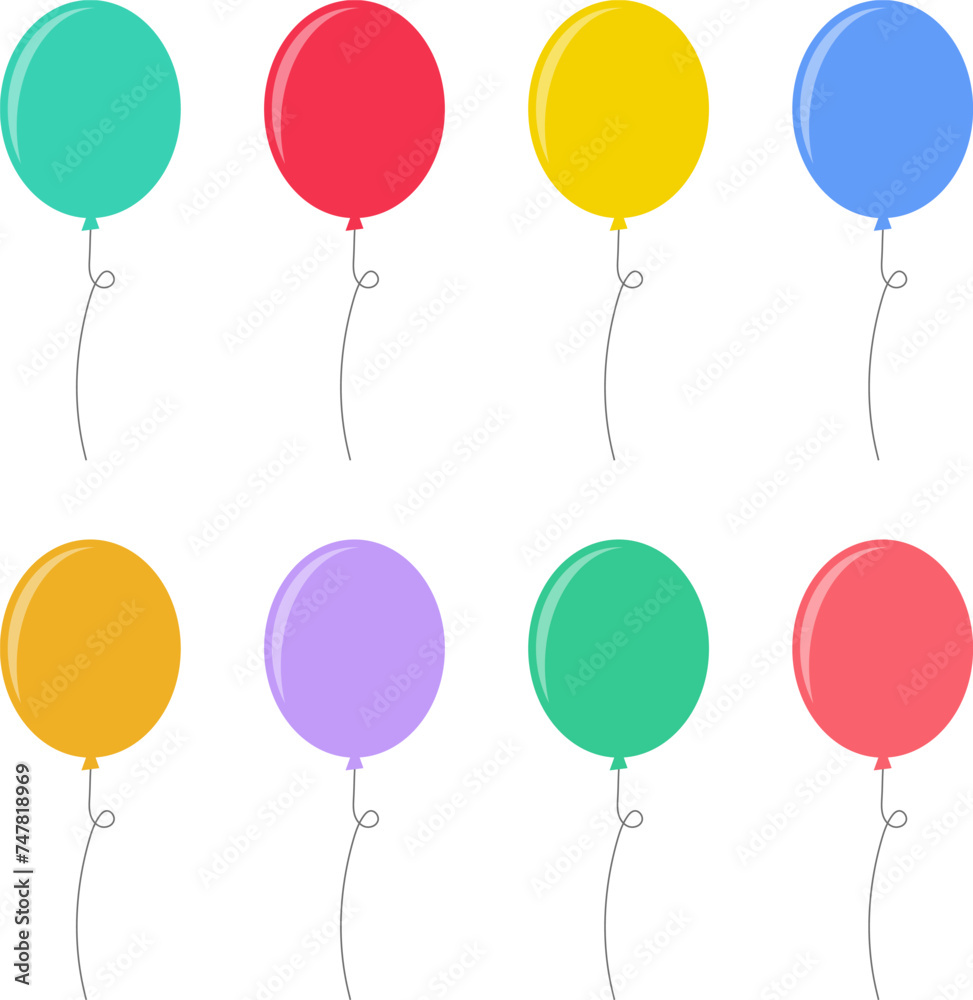 Balloon in cartoon style. Bunch of balloons for birthday or party. Flying balloon with rope. Flat icon vector illustration isolated on white background. Balloon in cartoon style. Bunch of balloons for birthday or party. Flying balloon with rope. Flat icon vector illustration isolated on white background.