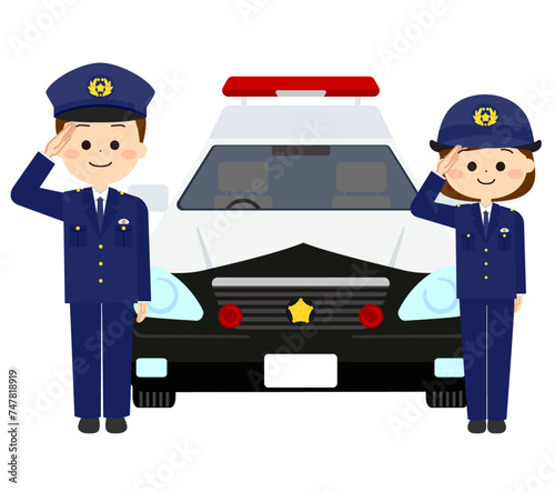 パトカーと敬礼している警察官