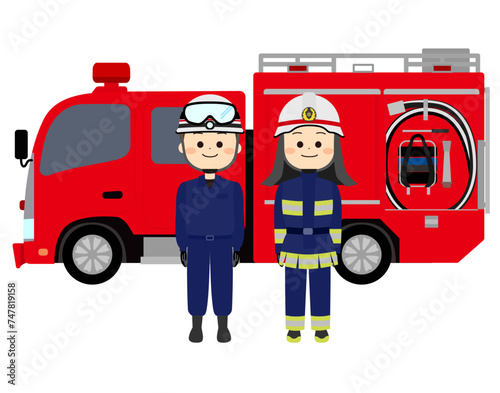 消防車と笑顔の消防隊員達