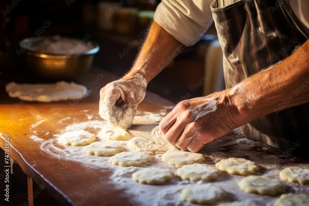 
An elderly baker's hands gently dusting powdered sugar over freshly baked quilted cookies, each cookie a testament to the creative spirit of Appalachian quilting