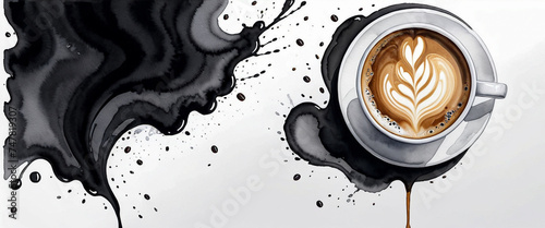 Coffee with latte art. Black ink smeared background. Illustration in watercolor style. Abstract watercolor painting.