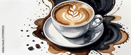 A cup of coffee with latte art made from white milk foam. Coffee and beans. Isolated on a white background. Abstract watercolor painting.