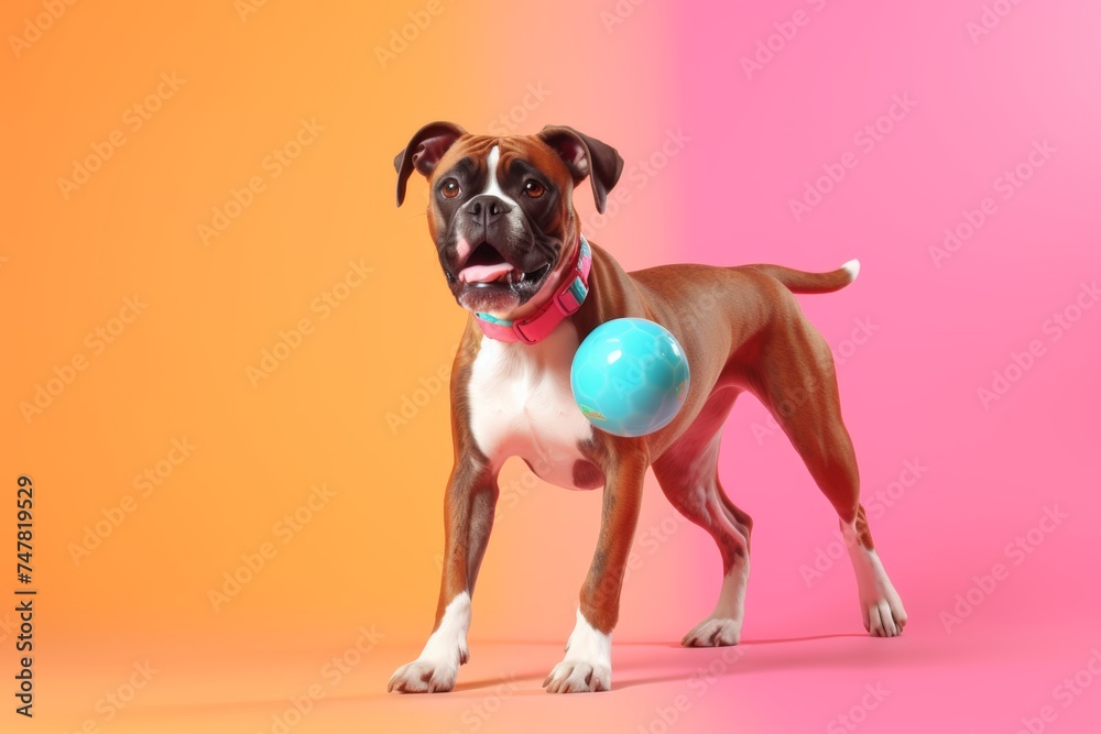 
A boxer dog carrying a holographic toy, ready for playtime on a solid peach background