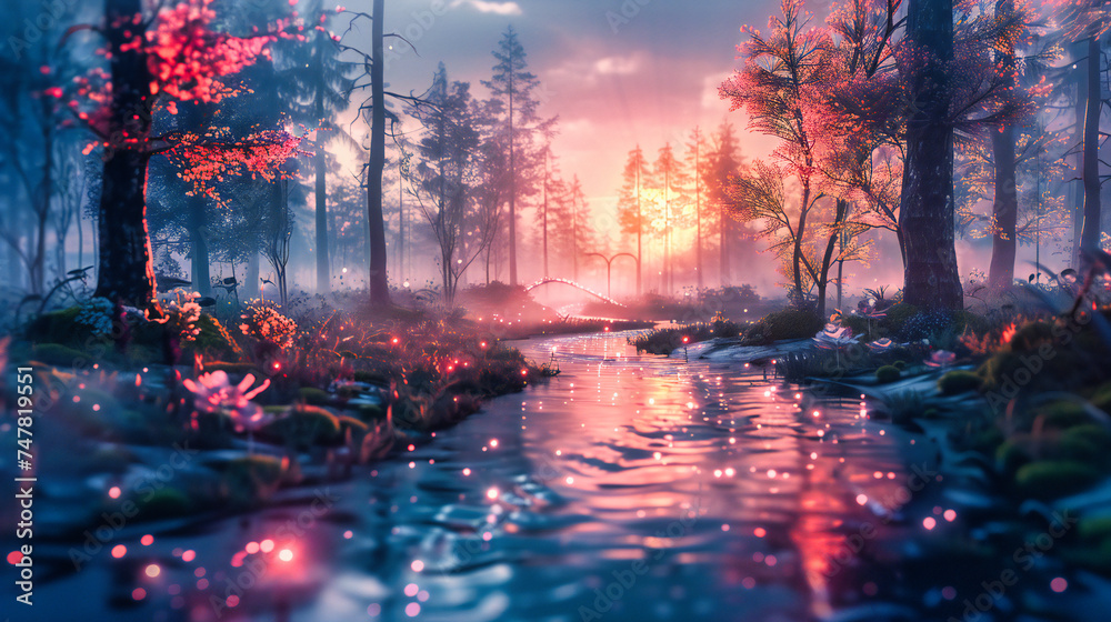 Enchanted Forest Landscape: Sunrise over Misty Waters, Magical Autumn Scenery with Sunlight Filtering Through