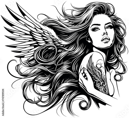 Drawing of a Beautiful Woman as an Angel with Long Flowing Hair - Black and White Illustration or Tattoo Isolated on White Background, Vector