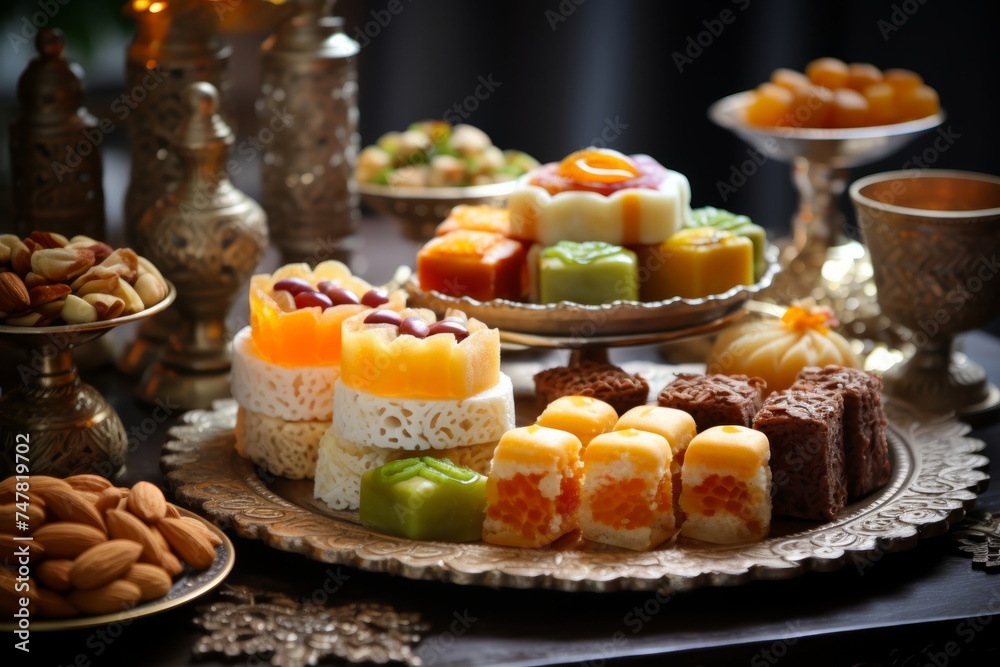 Delicious traditional sweets and desserts served during Eid al-Fitr, tempting viewers with their mouthwatering appearance Delicious traditional sweets and desserts served during Eid al-Fitr, tempting viewers with their mouthwatering appearance