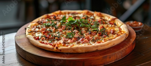 An Italian pizza, baked to perfection, rests on top of a rustic wooden cutting board. The round board complements the circular shape of the pizza, creating a visually appealing display.