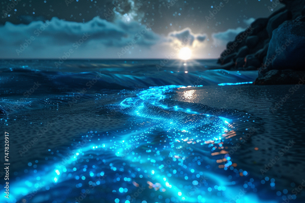 3d render of a serene flow of bioluminescent fluid under moonlight