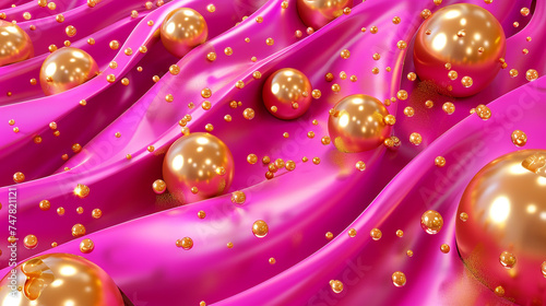 3d render of viscous magenta waves enveloping golden spheres