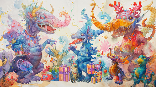 A vibrant watercolor festival scene, where whimsical creatures share presents amidst laughter
