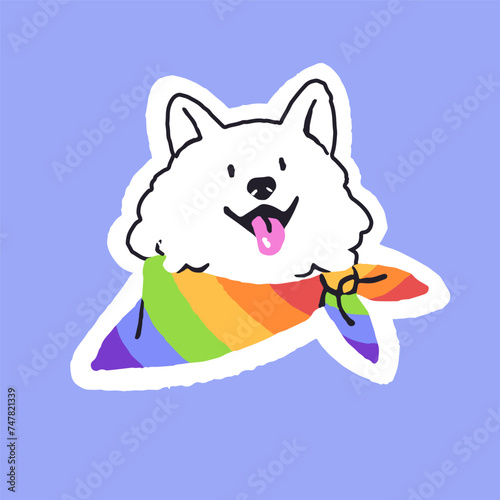 Fluffy dog with rainbow bandana sticker. Cute pup muzzle shows tongue. Funny puppy face with LGBT pride flag bandanna. Homosexual orientation, LGBTQ icon. Flat hand drawn isolated vector illustration