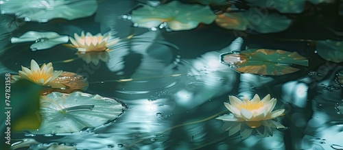 A group of water lilies with vibrant green leaves floating gracefully on the surface of a calm pond. The pale yellow flowers stand out against the reflective water, creating a beautiful natural scene.
