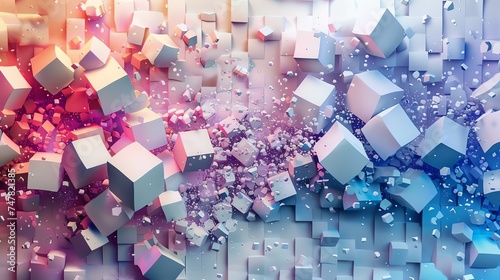 3D rendering of a colorful explosion. Pink, blue, and white cubes fly in all directions. Abstract background with a sense of movement and energy.