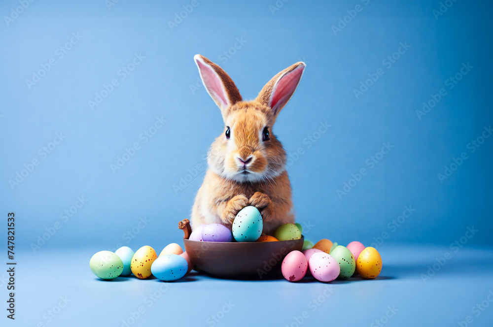 Fototapeta premium Cute rabbit and Easter eggs on a blue background, Happy easter celebration concept, AI artificial intelligence generative