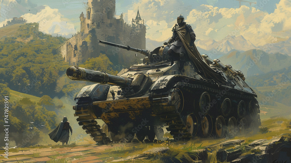 An artistic interpretation of a knight riding atop a tank in a fantasy setting - obrazy, fototapety, plakaty 