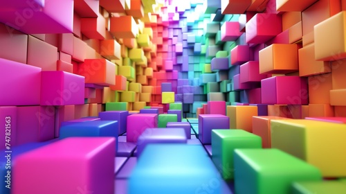3D rendering of a colorful hallway. The walls are made of bright  rainbow-colored cubes.