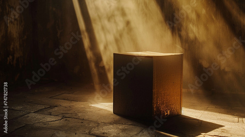 Artistic portrayal of a box transcending physical matter, blending into the environment through a play of light and shadow photo