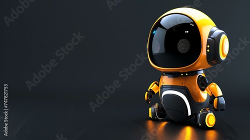 Cute and friendly robot sitting on the floor and looking at the camera. The robot is mainly yellow and black, with a round head and a round body. photo
