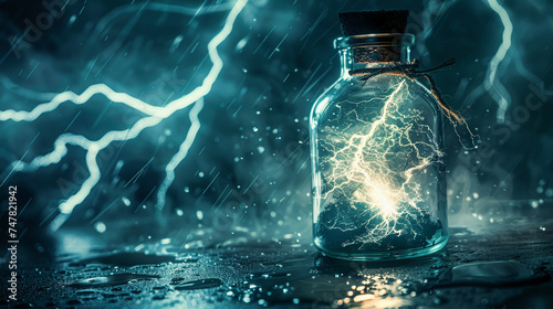 Close-up of a bottle filled with a miniature storm, lightning swirling inside, representing contained chaos photo