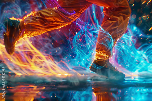 Close-up of an action-packed kick, with VFX illustrating the moment of contact, where energy ripples outward in vibrant colors