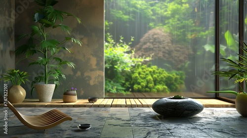A beautiful Zen garden with a view of a rainy forest. The garden has a wooden floor with a stone basin and a variety of plants.