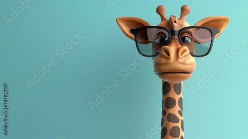3D rendering of a cartoon giraffe wearing sunglasses. The giraffe is looking at the camera with a curious expression. © Nijat