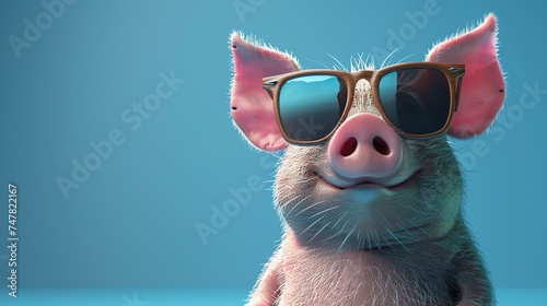 3D rendering of a cute and funny cartoon pig wearing sunglasses. photo