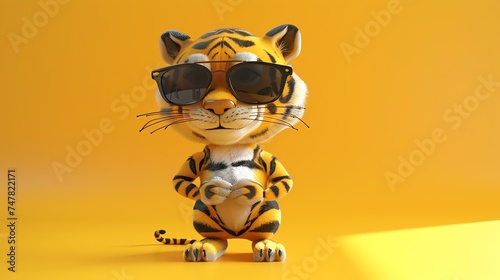 3D rendering of a cute cartoon tiger wearing sunglasses. The tiger is standing on a yellow background and has a smug expression on its face. photo