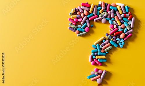 medicine drug food supplement vitamin quality revision choice chemical composition question answer, close up of pill capsule in question mark symbol, background banner with copy space