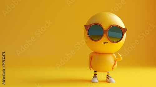 3D rendering of a cute and funny cartoon character. The character is yellow and has big sunglasses.