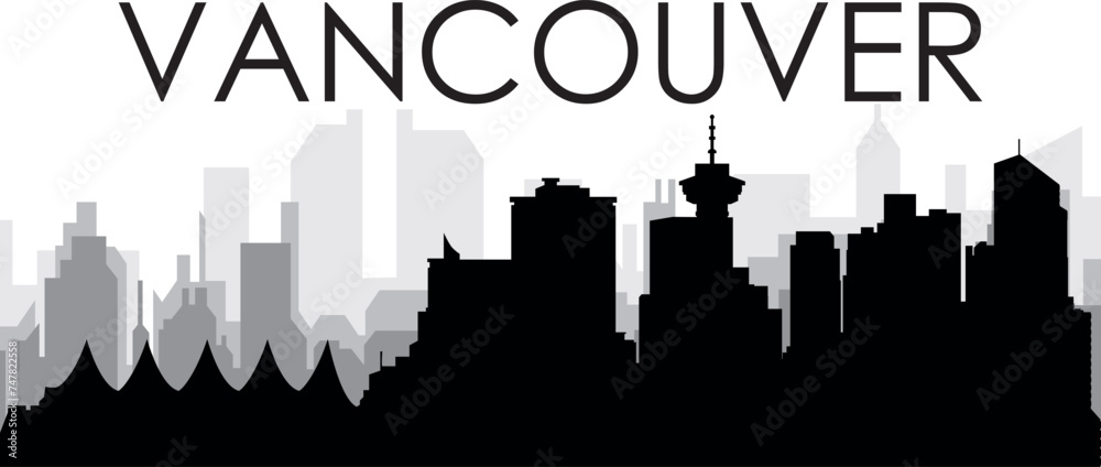Black cityscape skyline panorama with gray misty city buildings background of the VANCOUVER, CANADA with a city name tag