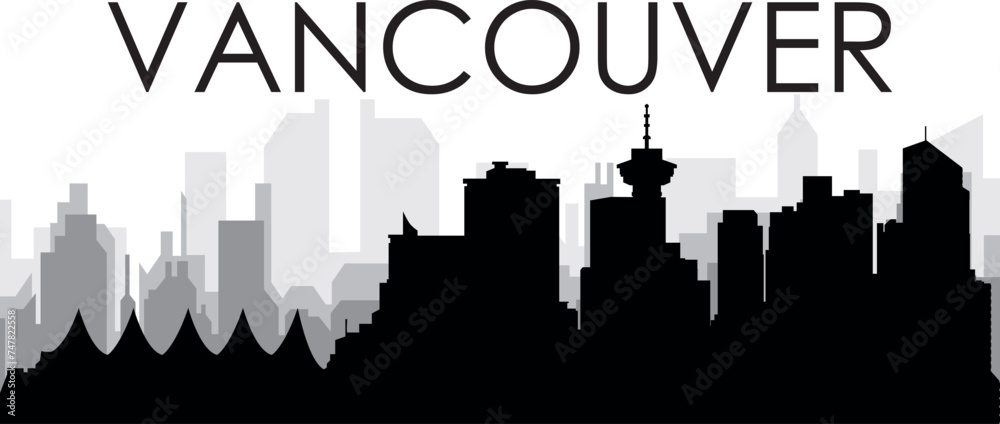 Obraz premium Black cityscape skyline panorama with gray misty city buildings background of the VANCOUVER, CANADA with a city name tag