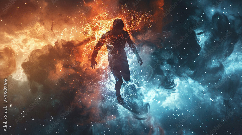 Dynamic portrayal of a human leaping through a phase shift, capturing the moment of transition from one reality to another Dynamic portrayal of a human leaping through a phase shift, capturing the moment of transition from one reality to another