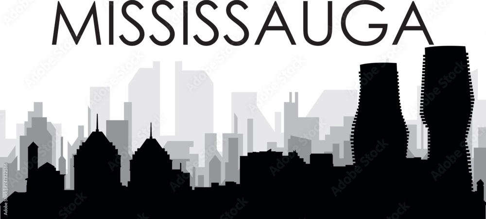 Black cityscape skyline panorama with gray misty city buildings background of the MISSISSAUGA, CANADA with a city name tag