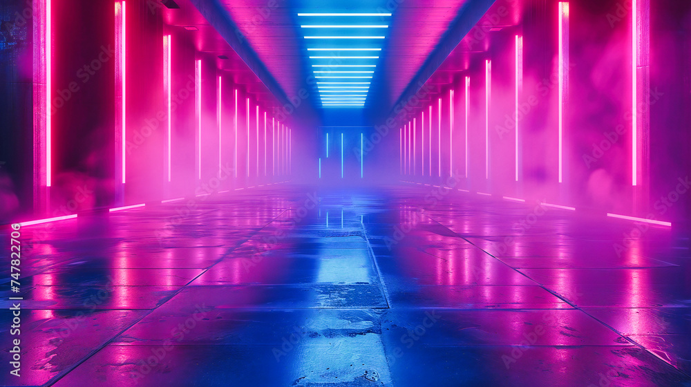 Futuristic Blue Lights Tunnel, Modern Interior Design, Abstract Space with Neon Glow, Vibrant Pink and Black Background, Creative Architecture and Technology Concept
