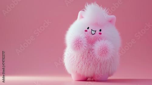 Cute and cuddly pink creature with big smile on its face. It is standing on a pink background and looking at the camera. photo