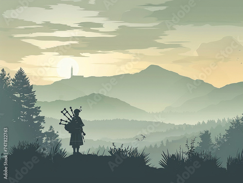 Illustration of a calm highland scene with a lone bagpiper silhouette