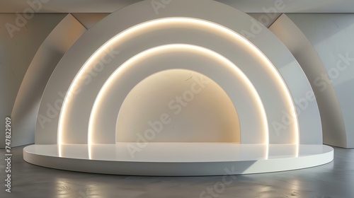 3D rendering of an empty stage with a curved backdrop. The stage is lit by a spotlight. The floor is made of reflective material.