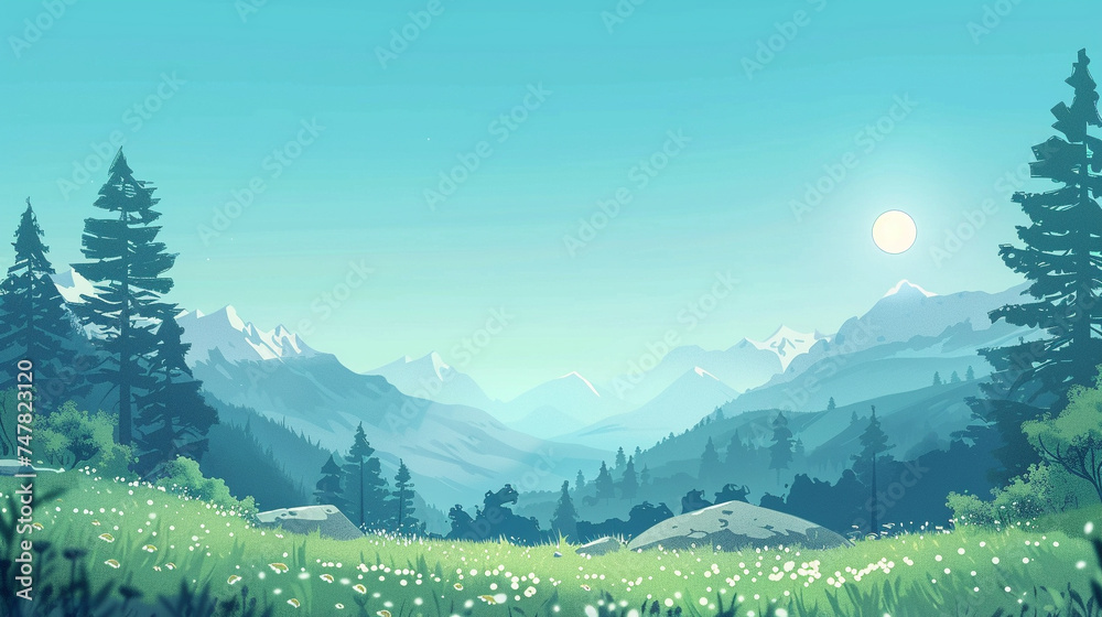 Illustration of a peaceful mountaintop view under a clear sky - obrazy, fototapety, plakaty 