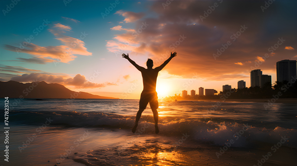 Sunrise a man jumping at the beach background.