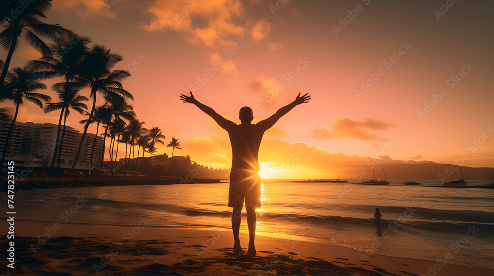 Sunrise a man jumping at the beach background.