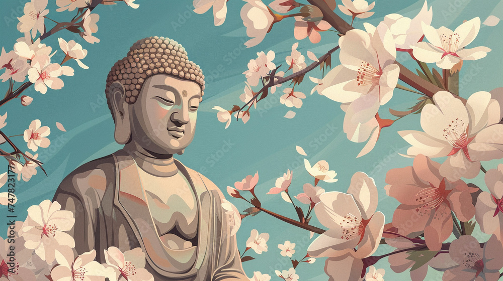 Illustration of a peaceful Zen statue against a background of flat-colored, muted cherry blossoms