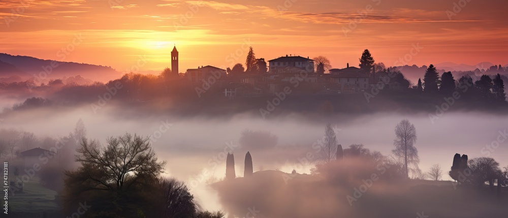 Obraz premium Foggy Sunrise Over Brianza, Como Province, Lombardy, Italy - Canon RF 50mm f/1.2L USM Capture
