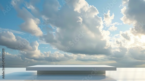 3D rendering of a white platform floating in a surreal cloudy sky. photo