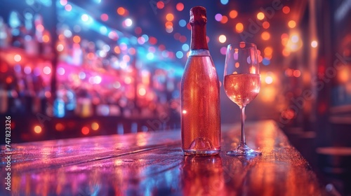 Bottle and glass of pink rose champagne. Created with generative AI.