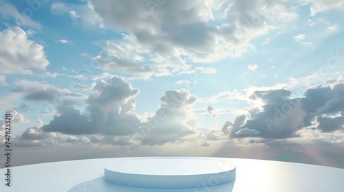 3D rendering of a simple podium or pedestal under a cloudy blue sky with a hazy sun in the background.