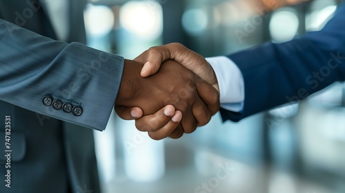 A firm handshake between two businessmen in suits signifies a successful business deal.