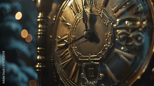 A close-up of a golden clock with intricate details. The clock is surrounded by a soft, warm light.