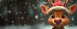 Funny portrait of a reindeer with red scarf in winter. Created with Generative AI.