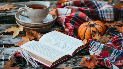 A cup of tea on a saucer, a book, a pumpkin, and a scarf with a plaid pattern lie on a wooden table strewn with fallen leaves.